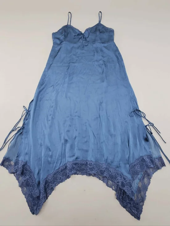 AE Handkerchief Hem Tie Side Midi Slip Dress American Eagle NWT Navy Blue Sz L - Picture 4 of 12